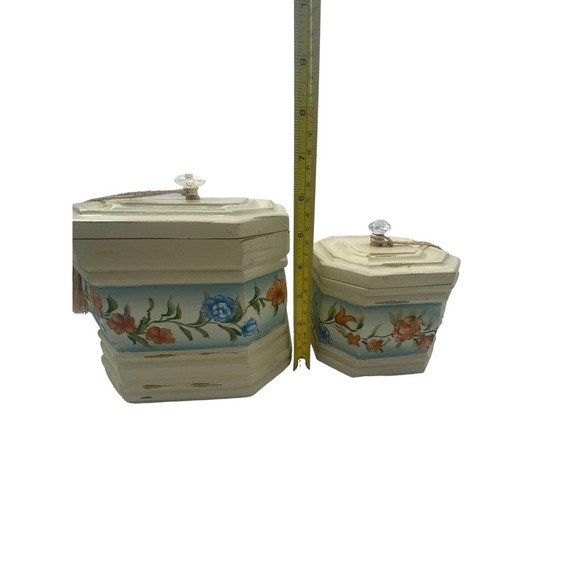 Vintage Hexagon Nesting Wood Jewelry Urn Boxes Floral Shabby Chic Crystal Handle - Picture 5 of 12